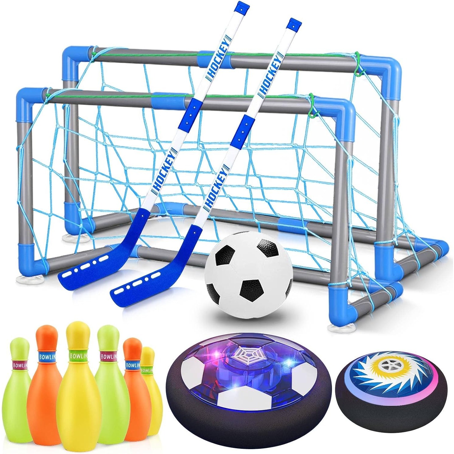 Kids Outdoor Hockey Set - 3-in-1 Hover Soccer Ball Hockey Bowling