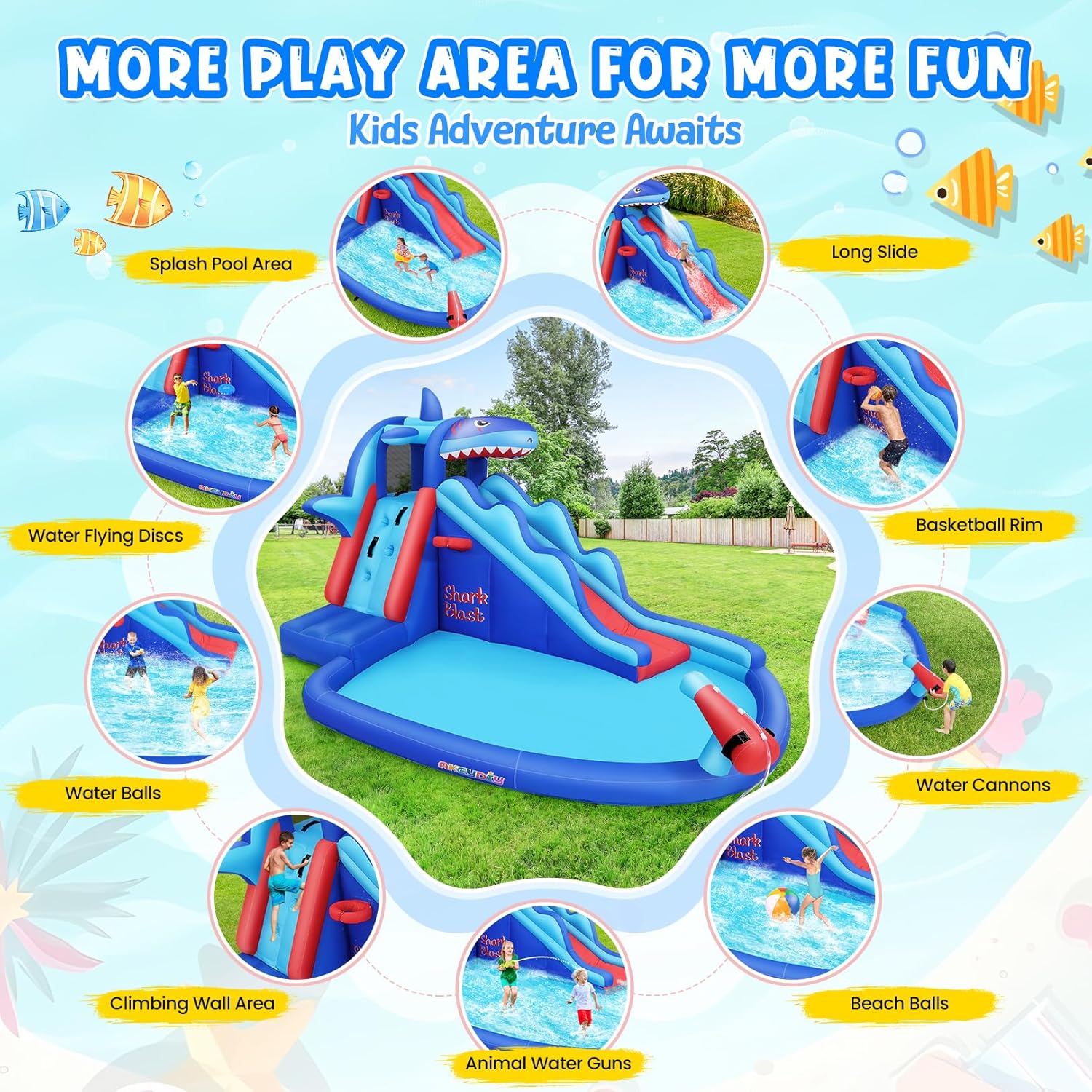 Shark-Themed Inflatable Water  - Kids Outdoor Water Park 评论和价格