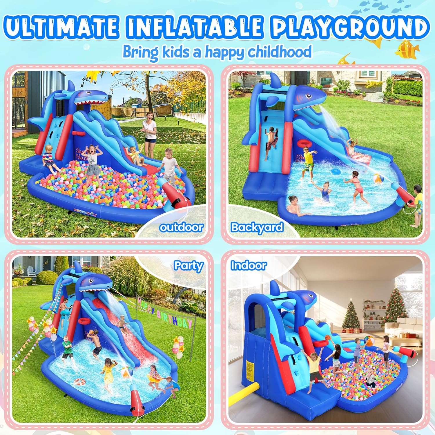 Shark-Themed Inflatable Water  - Kids Outdoor Water Park 评论和价格